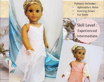 May include: A digital sewing pattern for a doll dress called "Aphrodite". The pattern includes instructions for making a robe, gown, and stole. The pattern is for 18-inch dolls and is labeled as an intermediate skill level.