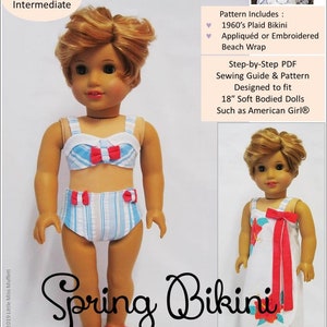 May include: A PDF sewing pattern for a 1960's style plaid bikini and beach wrap for 18 inch dolls. The pattern is designed to fit dolls such as American Girl®. The pattern includes step-by-step instructions and is suitable for intermediate sewers.