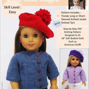 May include: Knitting pattern for a doll jacket and tam. The pattern is designed to fit 18-inch dolls. The image shows a doll wearing a blue jacket and a red beret, and another doll wearing a purple jacket and a purple beret. The pattern includes instructions for both long and short-sleeved jackets.
