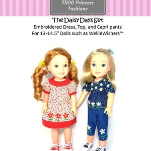 Daisy Days Set Machine Embroidery Design - Sized for use with 14-14.5&quot; dolls such as WellieWishers™ - Frog Princess Fashions - Pixie Faire