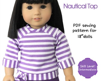 All Girls On Deck Nautical Top 18 inch Doll Clothes Pattern Fits Popular 18" Dolls - Peppermintsticks - PDF - Pixie Faire
