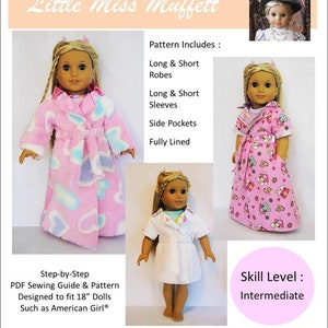 Puede incluir: Un patrón de costura para hacer batas de vestir para muñecas. El patrón incluye instrucciones para hacer batas largas y cortas con bolsillos laterales y completamente forradas. El patrón está diseñado para muñecas de 45 cm, como las muñecas American Girl. El nivel de habilidad para este patrón es intermedio.