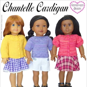 Peut inclure: Trois poupées vêtues de cardigans et jupes tricotés. Les cardigans sont jaunes, violets et roses. Les jupes sont à carreaux. Le texte indique "Chantelle Cardigan" et "PDF Knitting Pattern for Cardigan or Sweater" pour poupées de 45.7 cm.