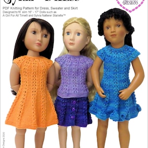 Peut inclure: Patron de tricot pour une robe, un pull et une jupe pour poupées de 40 à 43 cm. Le patron s'appelle "Jazz Dress" et est conçu pour des poupées comme A Girl For All Time et Sylvia Natterer Starlette. Le patron est pour un niveau de compétence intermédiaire et utilise du fil super fin avec des aiguilles à tricoter US taille 2.