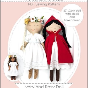 Könnte beinhalten: PDF-Schnittmuster für eine 58 cm große Stoffpuppe mit Umhang und Blumenkrone. Das Schnittmuster ist für eine elfenbeinfarbene Puppe mit Blumenkrone und eine Puppe mit rotem Umhang. Das Schnittmuster trägt den Titel "Ivory and Rosy Doll Storybook Collection" und ist mit "Intermediate" gekennzeichnet.