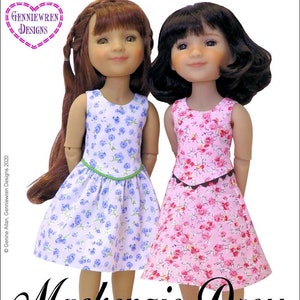 May include: A PDF sewing pattern for a Mackenzie dress designed for 15-inch dolls. The pattern includes skirt options and is suitable for intermediate sewers. The image shows two dolls wearing the dress in different floral prints.