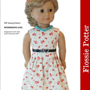 May include: A PDF sewing pattern for a white dress with red floral print, designed for 18-inch dolls. The dress has a black belt with a heart-shaped buckle and is shown with a red pillbox hat. The pattern is titled "Ladies' Club Dress" and is by Flossie Potter.
