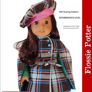 May include: A PDF sewing pattern for a belted cape designed for 18-inch dolls. The pattern is for an intermediate sewing level. The image shows a doll wearing a plaid cape with a pink tam.
