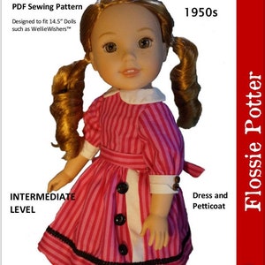 Pode incluir: Um padrão de costura PDF para um vestido estilo anos 50 para bonecas de 14,5 polegadas. O padrão é para um nível de costura intermediário e inclui instruções para o vestido e a anágua. A boneca está usando um vestido listrado rosa e branco com uma gola branca e uma borda preta.