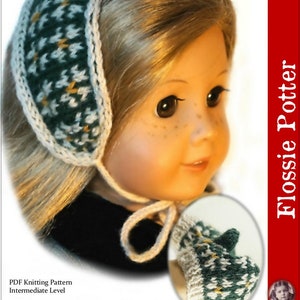 May include: A knitting pattern for a Scandinavian style hat and mittens for 18 inch dolls. The pattern is designed for an intermediate skill level. The hat is white and green with a yellow geometric pattern. The mittens are also white and green with a yellow geometric pattern. The pattern is called "Scandinavian Mittens & Hat" and is by Flossie Potter.