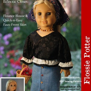 Op de afbeelding: Een PDF-naaipatroon voor een poppenblouse en rok. Het patroon is ontworpen voor poppen van 45,7 cm, zoals American Girl-poppen. Het patroon bevat twee lengtes voor de rok. De afbeelding toont een pop die de afgewerkte blouse en rok draagt, die respectievelijk zwart en blauw zijn.