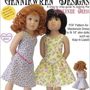 May include: PDF sewing pattern for a Mackenzie dress for 18-inch slim dolls, such as Kidz N Cats dolls. The pattern includes instructions to make a top. The pattern is easy to intermediate level. The image shows two dolls wearing the dress in different colors and patterns.
