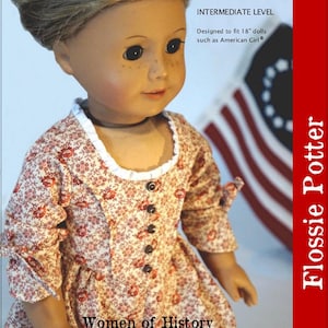 Puede incluir: Un patrón de costura PDF para un vestido de muñeca, titulado "Women of History Betsy Ross Shop Dress". El patrón es para una muñeca de 45,7 cm y está diseñado para un nivel de costura intermedio. La imagen muestra una muñeca con el vestido, que es un vestido de color crema con estampado floral rojo y ribete blanco. La muñeca tiene el pelo rubio y los ojos azules.