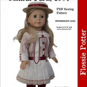Puede incluir: Un patrón de costura PDF para un vestido de muñeca, titulado "Central Park, 1904". El patrón está diseñado para muñecas de 46 cm, como las muñecas American Girl. El patrón es para un nivel de costura intermedio. La imagen muestra una muñeca con el vestido terminado, que es un vestido de color crema con rayas rojas y blancas, una faja roja y un sombrero de color crema.