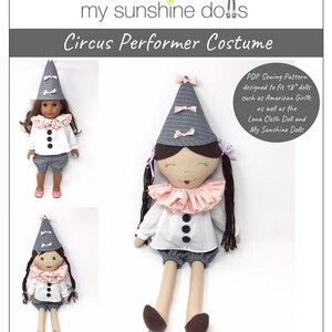 Puede incluir: Un patrón de costura PDF para un disfraz de artista de circo para muñecas de 45 cm. El patrón incluye un sombrero, una camisa y pantalones cortos. El disfraz está diseñado para muñecas como American Girl, Lena Cloth Doll y My Sunshine Dolls. El nivel de habilidad es principiante avanzado. ©2018 My Sunshine Dolls