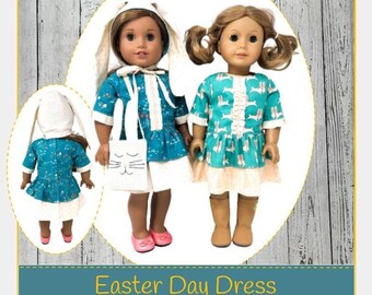 Easter Day Dress, Bunny Bonnet & Bag 18 inch Doll Clothes Pattern Fits Popular 18" Dolls - J Lyn Boutique - PDF - Pixie Faire