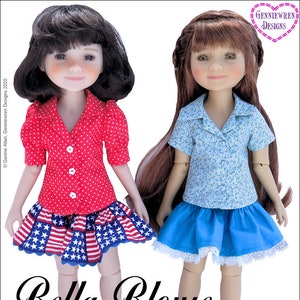 May include: PDF sewing pattern for a fitted blouse with choice of sleeves, designed to fit 15-inch dolls. The pattern includes a bonus skirt pattern. The image shows two dolls wearing the blouse in different colors and patterns. The text "Bella Blouse" is written in a decorative font.