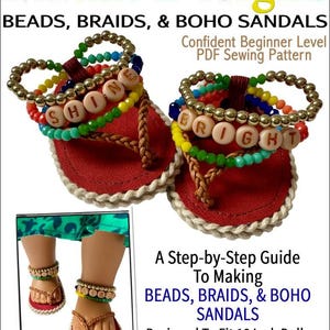 May include: A pair of red and tan boho sandals with beaded accents and the words "SHINE" and "BRIGHT" spelled out on the straps. The sandals are designed to fit 18-inch dolls. The image also includes the text "Miche Designs" and "BEADS, BRAIDS, & BOHO SANDALS".