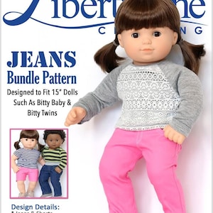 May include: A PDF sewing pattern for making jeans for 15-inch dolls. The pattern includes instructions for making jeans and shorts with real front and back pockets and a soft rib-knit waistband. The pattern is designed for dolls such as Bitty Baby and Bitty Twins.