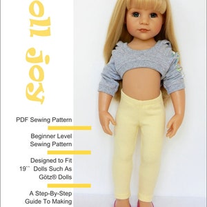 Puede incluir: Un patrón de costura PDF para hacer leggings para muñecas de 48 cm, como las muñecas Götz. El patrón incluye una guía paso a paso y es para principiantes en costura. La imagen muestra una muñeca con los leggings terminados, que son amarillos.
