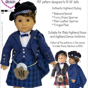 May include: A PDF pattern for making Highland dress accessories for 18-inch dolls. The pattern includes instructions for making a Balmoral bonnet, a furry dress sporran, a plain leather sporran, and a fringed plaid. The pattern is suitable for making male Highland dress and Highland dance uniforms.