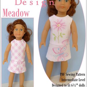 May include: A PDF sewing pattern for a pink and white dress for a 6 1/2 inch doll. The pattern is designed to fit dolls like American Girl® Mini dolls. The pattern is labeled "Karen Loraine Design Meadow" and is described as "Intermediate Level".