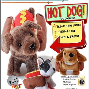 May include: A PDF sewing pattern for a hot dog costume for a pet. The pattern includes instructions for a one-piece costume that is fast and fun to make. The pattern is for 18-inch dolls such as American Girl dolls. The pattern includes a bonus tip jar pullout with instructions for locking stitches, markings, and taping the pieces together.