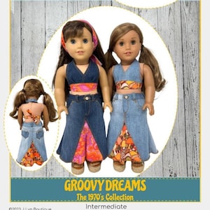 Peut inclure: Patron de couture PDF pour poupées de 45 cm, comme les poupées American Girl. Le patron est pour une tenue groovy des années 1970 avec une jupe en jean et un haut fleuri. Le patron est intitulé "Groovy Dreams: The 1970's Collection" et est classé "Intermédiaire".