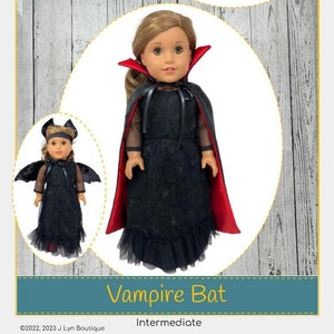 May include: PDF sewing pattern for a vampire bat costume for 18-inch dolls, such as American Girl dolls. The pattern includes a black dress with a lace trim, a red cape, and bat wings. The pattern is labeled "Vampire Bat" and "Intermediate".