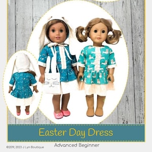 May include: A PDF sewing pattern for Easter Day dresses designed for 45.7 cm dolls. The image shows two dolls wearing teal dresses with white accents and bunny-themed accessories. The pattern is labeled as Advanced Beginner.