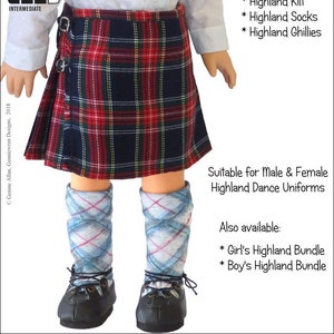 Pode incluir: Uma boneca vestindo um kilt xadrez vermelho e preto, meias com padrão azul e branco e sapatos pretos. A boneca está vestindo uma camisa branca. A imagem inclui o texto "Unisex Highland Bundle" e "Three PDF Patterns designed to fit 18" dolls".