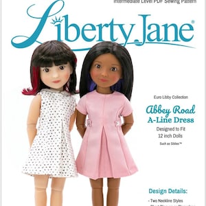 May include: A sewing pattern for a pink and white A-line dress for 12-inch dolls. The pattern is called "Abbey Road A-Line Dress" and is part of the Euro Libby Collection. The pattern includes two neckline styles, short sleeves or sleeveless, an inverted front pleat, zipper closure, and couture sewing techniques.