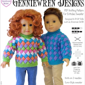 May include: PDF knitting pattern for an entrelac sweater designed to fit 18-inch dolls. The pattern includes instructions for three color options: multi-colored, two-colored, and single color. The pattern is labeled as intermediate to experienced. The recommended needle size is US 0 (2 mm).