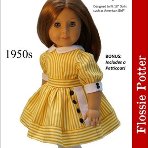 Può includere: Un cartamodello PDF per un abito in stile anni '50 per bambole di 46 cm. Il cartamodello include un sottogonna. L'abito è giallo con strisce bianche e ha un colletto bianco. La bambola indossa l'abito e ha i capelli castani e gli occhi azzurri. Il cartamodello è intitolato "Joni's Uptown Dress" ed è di Flossie Potter.