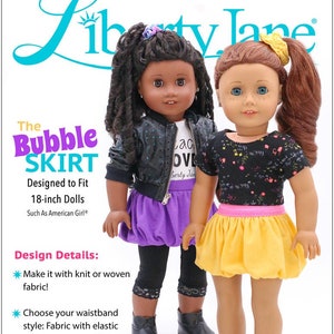 May include: A sewing pattern for a bubble skirt designed to fit 18-inch dolls. The pattern includes instructions for making the skirt with knit or woven fabric and choosing a waistband style with elastic casing or exposed flat elastic. The pattern is a 3-piece design, making it easy to sew.