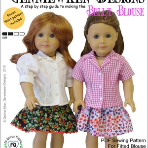 May include: A PDF sewing pattern for a Bella Blouse for 18 inch dolls. The pattern includes a choice of sleeves and a bonus skirt pattern. The image shows two dolls wearing the blouse, one with a white and red floral skirt and the other with a pink and white gingham skirt.