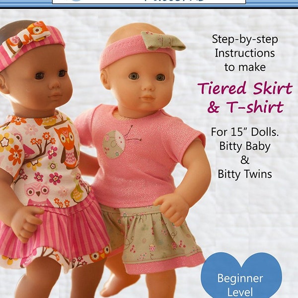 Tiered Skirt & Tee Shirt 15 Inch Doll Clothes Pattern Fits Baby Dolls such as Bitty Baby™ and Bitty Twins™ - Baby Mine - PDF - Pixie Faire