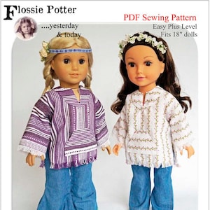 May include: A PDF sewing pattern for a California Baja inspired outfit for 18-inch dolls. The pattern includes a purple and white striped top with fringe, a white top with floral embroidery and fringe, and blue bell-bottom jeans. The pattern is labelled "Flossie Potter...yesterday & today" and "Easy Plus Level".