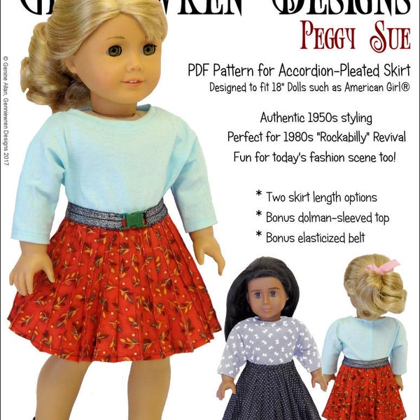 Peggy Sue Accordion Pleated Skirt, Top 18 inch Doll Clothes Pattern Fits Dolls such as American Girl® - Genniewren Designs -PDF- Pixie Faire