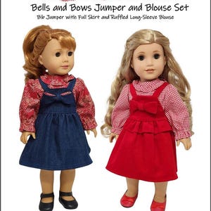 May include: Two dolls dressed in matching outfits. One doll wears a blue denim bib jumper with a red floral blouse. The other doll is in a red bib jumper with a red and white checkered blouse. The outfits fit 45.7 cm dolls.