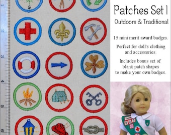 Mini Club Patches Design Set 1 - Outdoors & Traditional Machine Embroidery Designs - Sized for dolls - Genniewren Designs - Pixie Faire