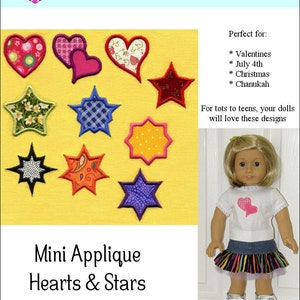 May include: Ten machine embroidery designs of hearts and stars, each measuring 2 1/2 inches square or smaller. The designs are perfect for adding a touch of whimsy to projects like Valentine's Day crafts, July 4th decorations, Christmas ornaments, and Chanukah gifts.