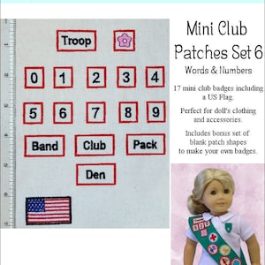 Peut inclure: Un ensemble de 17 motifs de broderie machine pour mini badges de club, comprenant des chiffres, des mots et un drapeau américain. Les motifs mesurent 6,35 cm de côté ou moins.