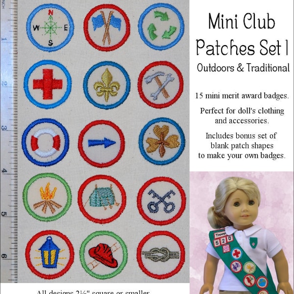 Mini Club Patches Design Set 1 - Outdoors & Traditional Machine Embroidery Designs - Sized for dolls - Genniewren Designs - Pixie Faire