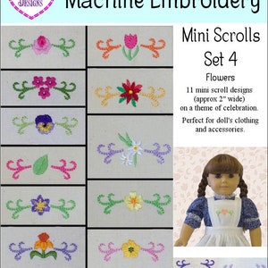 May include: A set of 11 machine embroidery designs featuring mini floral scrolls, approximately 2 inches wide. The designs are perfect for doll's clothing and accessories. The set also includes a bonus set of blank scrolls with different embroidery stitch styles.