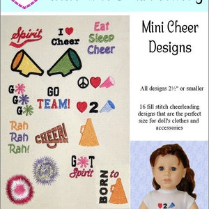 May include: A set of 16 machine embroidery designs for cheerleading, featuring a variety of designs including megaphones, hearts, stars, and the words "Spirit", "Go Team", "Eat Sleep Cheer", and "Born to Cheer". The designs are perfect for doll-sized clothing and accessories.