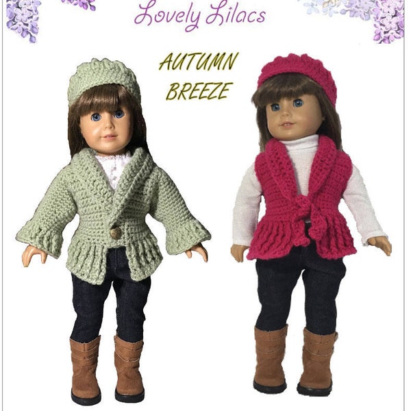 Autumn Breeze Sweater & Hat 18 inch Doll Clothes Crochet Pattern Fits Dolls such as American Girl® - Lovely Lilacs - PDF - Pixie Faire