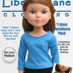 May include: A blue long-sleeved t-shirt sewing pattern for a doll. The pattern is for a doll that is 18 inches tall. The pattern includes instructions for making four different sleeve styles and two different neck styles. The pattern is designed for use with BFC Ink. dolls. The pattern is labeled "Skill Level: Medium".