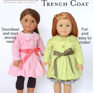 May include: Two dolls wearing bubble hem trench coats. The doll on the left is wearing a pink coat with a coral ribbon and black leggings. The doll on the right is wearing a green coat with a brown ribbon and a black and white skirt. The text on the image reads "dollduds DESIGNS DOLLS LOVE BUBBLE HEM TRENCH COAT Download and start sewing now! Fun and easy to make!"