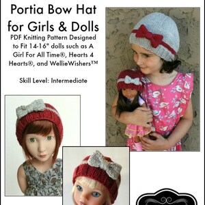 May include: A knitting pattern for a bow hat for girls and dolls. The pattern is designed to fit 14-16 inch dolls, such as A Girl For All Time, Hearts 4 Hearts, and Wellie Wishers. The pattern includes instructions for knitting a gray and red hat with a red bow.